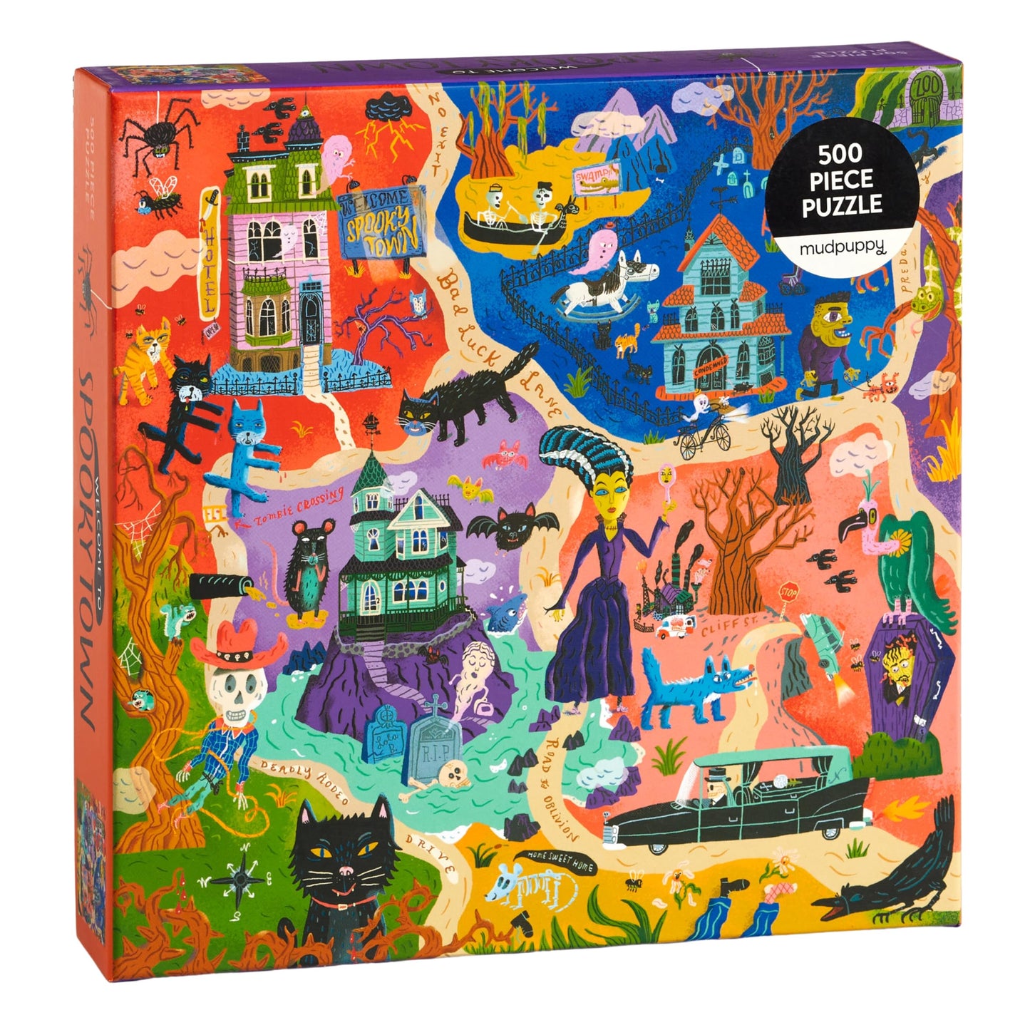 Mudpuppy Welcome to Spooky Town – 500 Piece Family Jigsaw Puzzle Featuring Bold and Spooky Illustrations of A Haunted Town Filled with Goblins Ghouls and Monsters