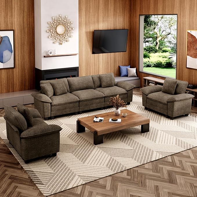 MIXPATIO Cloud Couch Sectional Sofa Set, Plush 24.4-Inch Deep 5-Seat Sectional with Velvety Chenille & Removable Arms for Living Room and Apartment, Taupe