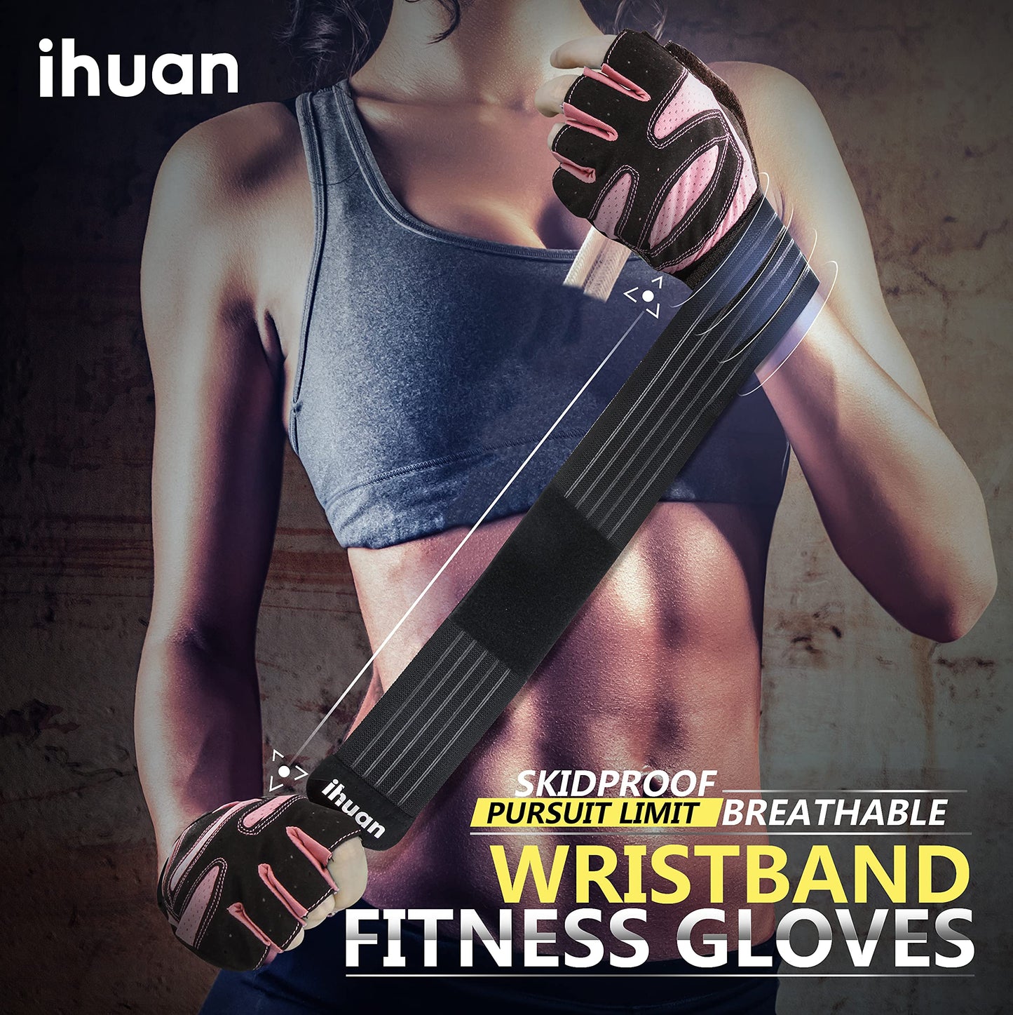 ihuan Ventilated Weight Lifting Gym Workout Gloves with Wrist Wrap Support for Men & Women, Full Palm Protection, for Weightlifting, Training, Climbing Fitness, Hanging, Pull ups