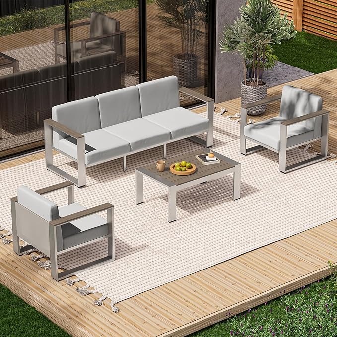 ComfCove Aluminum Patio Furniture Set, 5 Seats Outdoor Patio Conversation Sets with Ergonomic Seat and Wide Washable Thick Cushions, Modern Outdoor Sectional Furniture for Balcony, Porch (Gray)