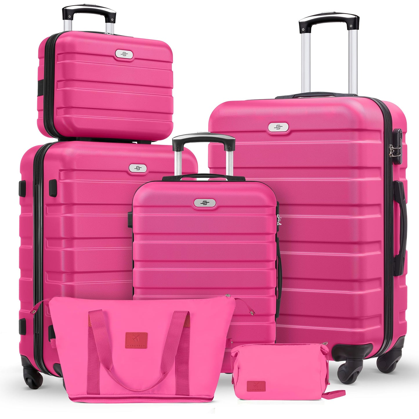 Suitour Luggage Sets 6 Piece, 20-inch Carry-on and 24 inch 28 inch Checked Suitcase Set with Cosmetic Case and Expandable Travel Duffle Bags Set(Rose Red)