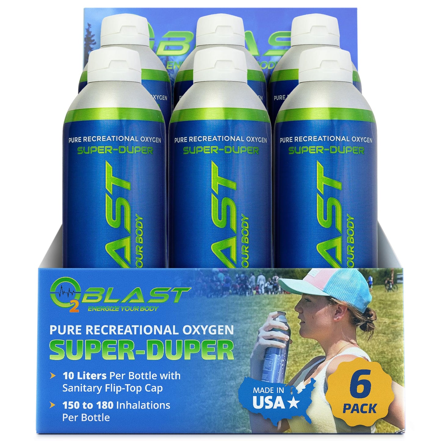 O2 Blast - Portable Oxygen Can, Filled with 99.99% Pure Oxygen in a Can with Breathing Mask for Sports, Travel, and High Altitude Use | On-The-Go Air Support for Hiking and Outdoors – 10L, 6-Pack