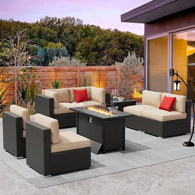 Crownland 8-Piece Outdoor Patio Furniture Sets with 45” Propane Gas Fire Pit Table, All-Weather Black Wicker Rattan Sectional Sofa with Coffee Table(Light Brown)