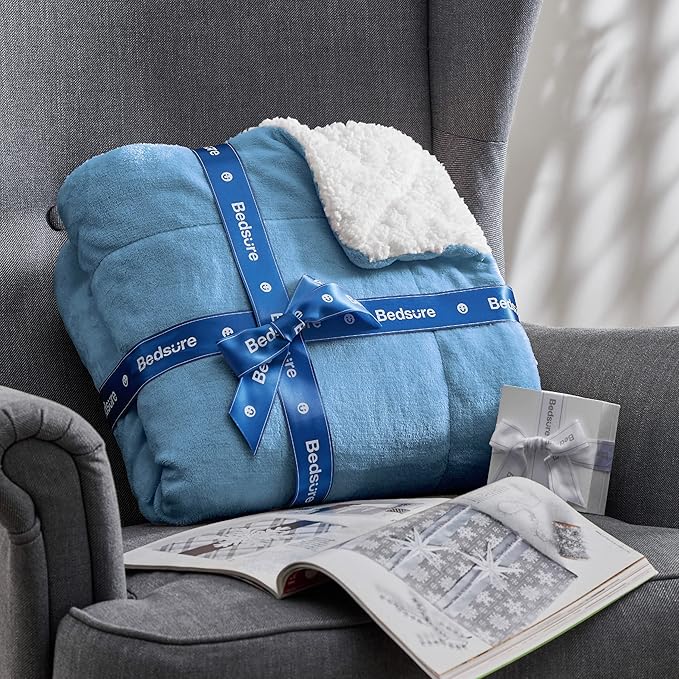 Bedsure GentleSoft Sherpa Fleece Throw Blanket Twin Size for Couch - Thick and Warm Throw for Women and Men, Soft Fuzzy Plush Twin Blanket for Winter, Non-Heated, Washed Blue, 60x80 Inches