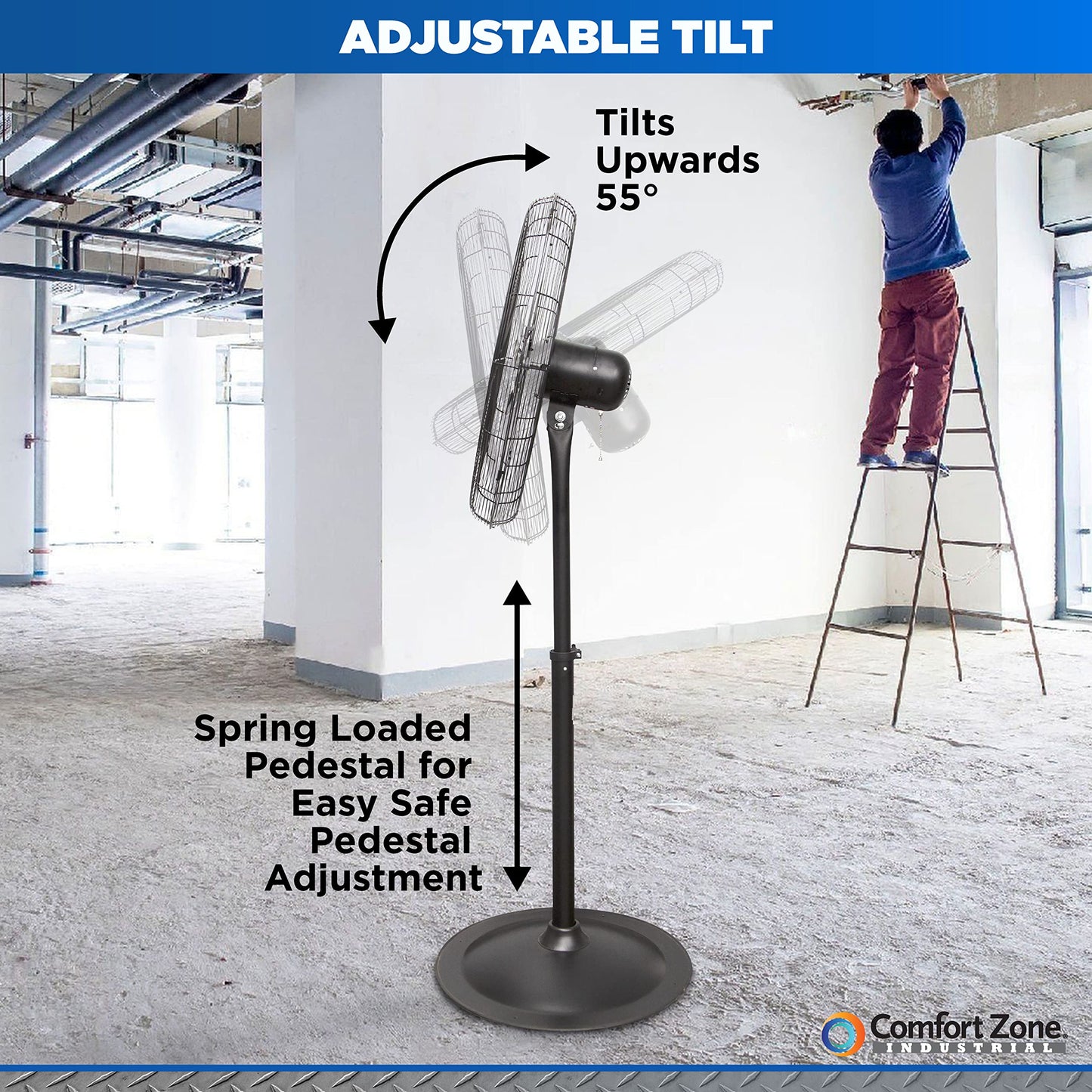 Comfort Zone Industrial Pedestal Fan, 30 Inch, 3 Speed, High Velocity, Adjustable Height 56    To 76   , Metal, Meets Osha Stand
