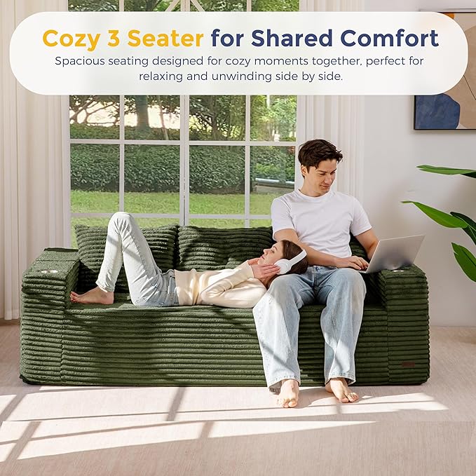 MAXYOYO 79" Oversized Boneless Loveseat Sofa Couch for Small Spaces, Mini Love Seat Floor Couch with Cup Holders and Pillows, 3-Seater Upholstered Cloud Couch for Bedroom, No Assembly Required