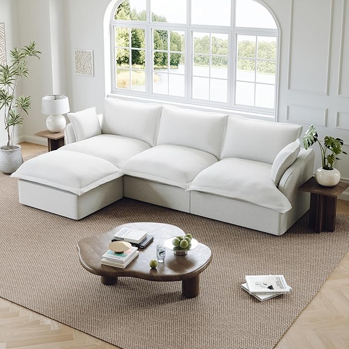 Lopzeho 114” Oversized Modular Sectional Sofa, Comfy Down Fill Cloud Couch with Washable Cover, L Shaped 3 Seater Modular Couch with Ottoman, Convertible Sectional Couches for Living Room, Cream White
