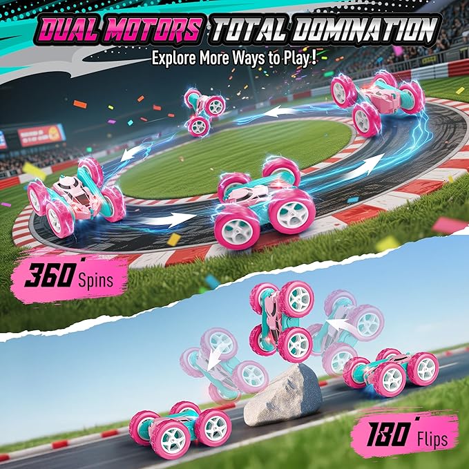 Pink RC Car for Girls Age 6+, 360° Rotating Stunt Remote Control Vehicle with LED Lights, Upgraded 4WD USB-C Rechargeable Electric Toy, Perfect Birthday, Holiday