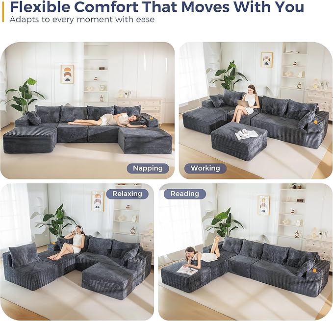 MAXYOYO 132" Giant U-Shaped Modular Sectional Couch, Modern Boneless Couch for Living Room, Sofa in A Box, Oversized Sofa Sleeper with Deep Seat, No Assembly Required, Dark Grey