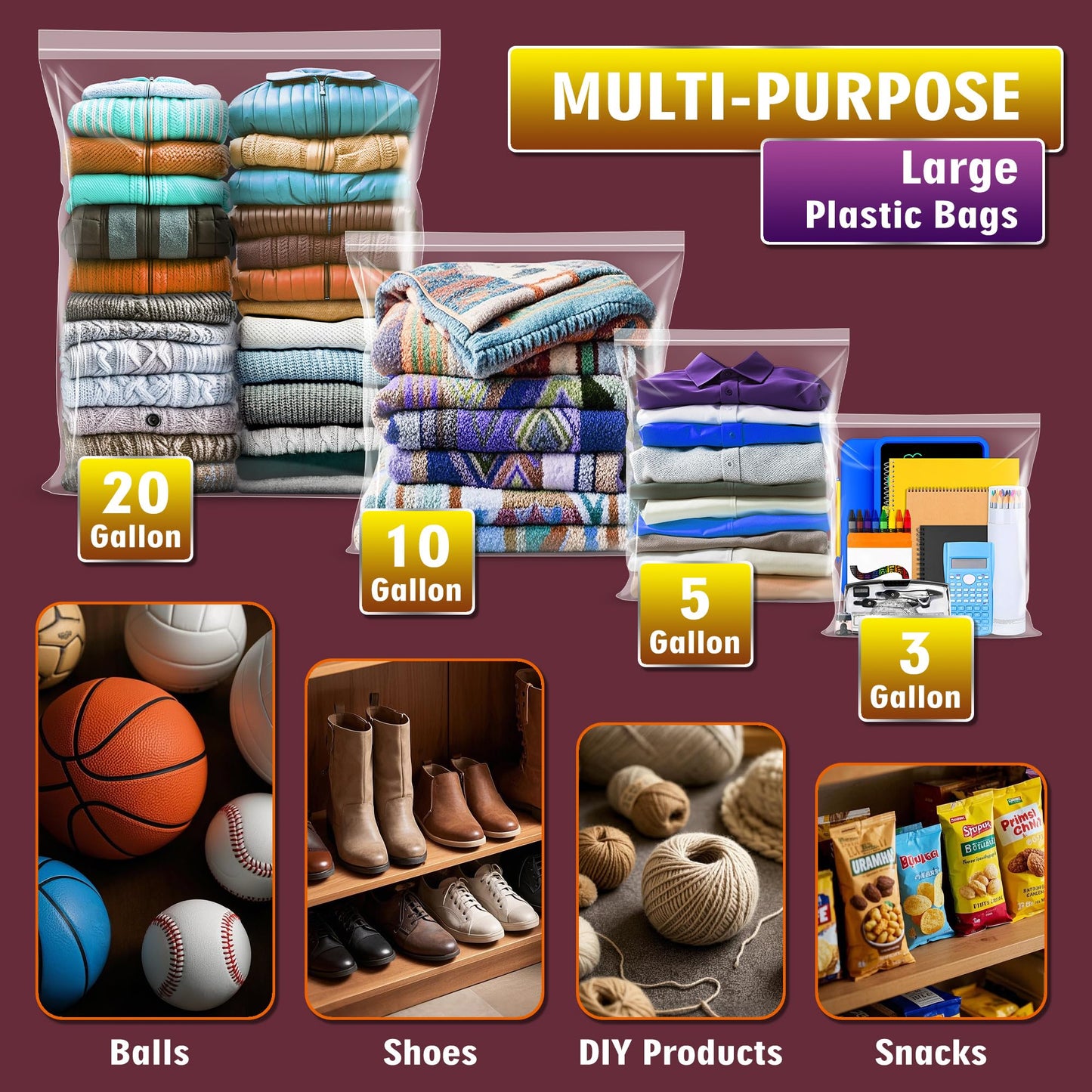Extra Large 5 Gallon Zippered Plastic Bags for Storage- 18'' x 24'', Ideal for Clothes Clothing, Travel, Moving, 2-mil Thick Clear Plastic, 10 pack