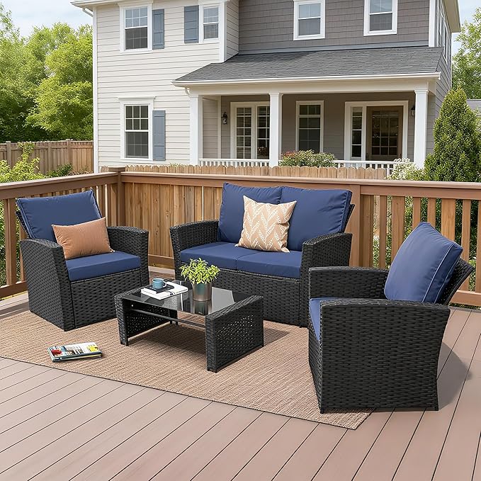 FHFO 4 Piece Outdoor Patio Furniture Set,Wicker Conversation Sets Outdoor Sectional Patio Sofa Couch with Cushions & Coffee Table for Outside, Garden, Balcony, Porch,Black/Blue