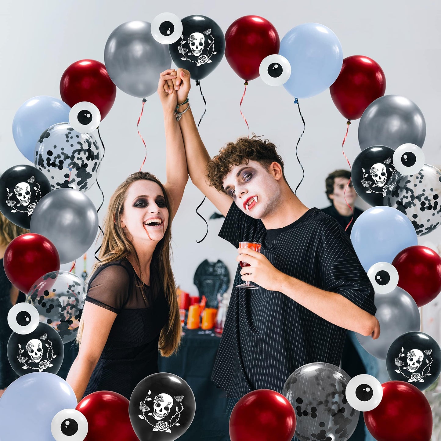 Cheerland Halloween Skull Balloons Gothic Birthday Decorations Skull Rose Decor Skeleton Party Decorations Goth Party Balloon Sugar Skull Spooky Bridal Shower Vampire Blood Balloons Backdrop 34pcs