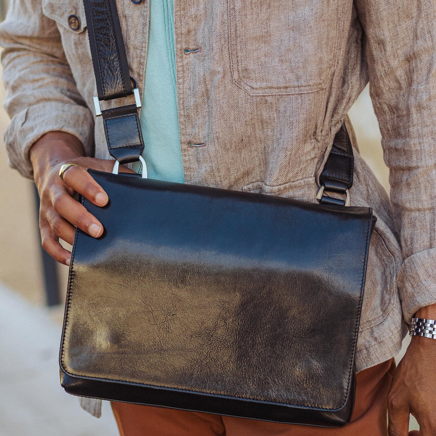 Time Resistance Leather Messenger Bag for Men - Crossbody Bag - Full Grain Leather - Tablet Sized Shoulder Bag (Black)
