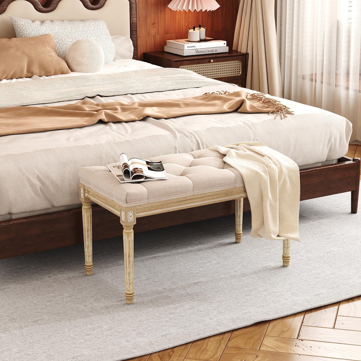 Yusong Upholstered Bench,Bedroom Bench for End of Bed,Piano Bench Dining Bench Entryway Shoe Bench with Button Tufted Padded Seat for Living Room, Vanity Bench Foot-Stool with Carved Wood Legs,Beige