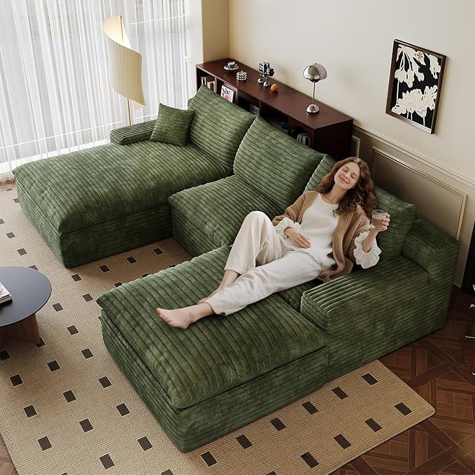 107" Cloud Sectional Couch U-Shaped Chaise with Ottoman, Corduroy Boneless Couch for Living Room Bedroom, Deep-Seat Upholstered Modular Cloud Sofa, No Assembly Required (Green, Left Facing Chaise)
