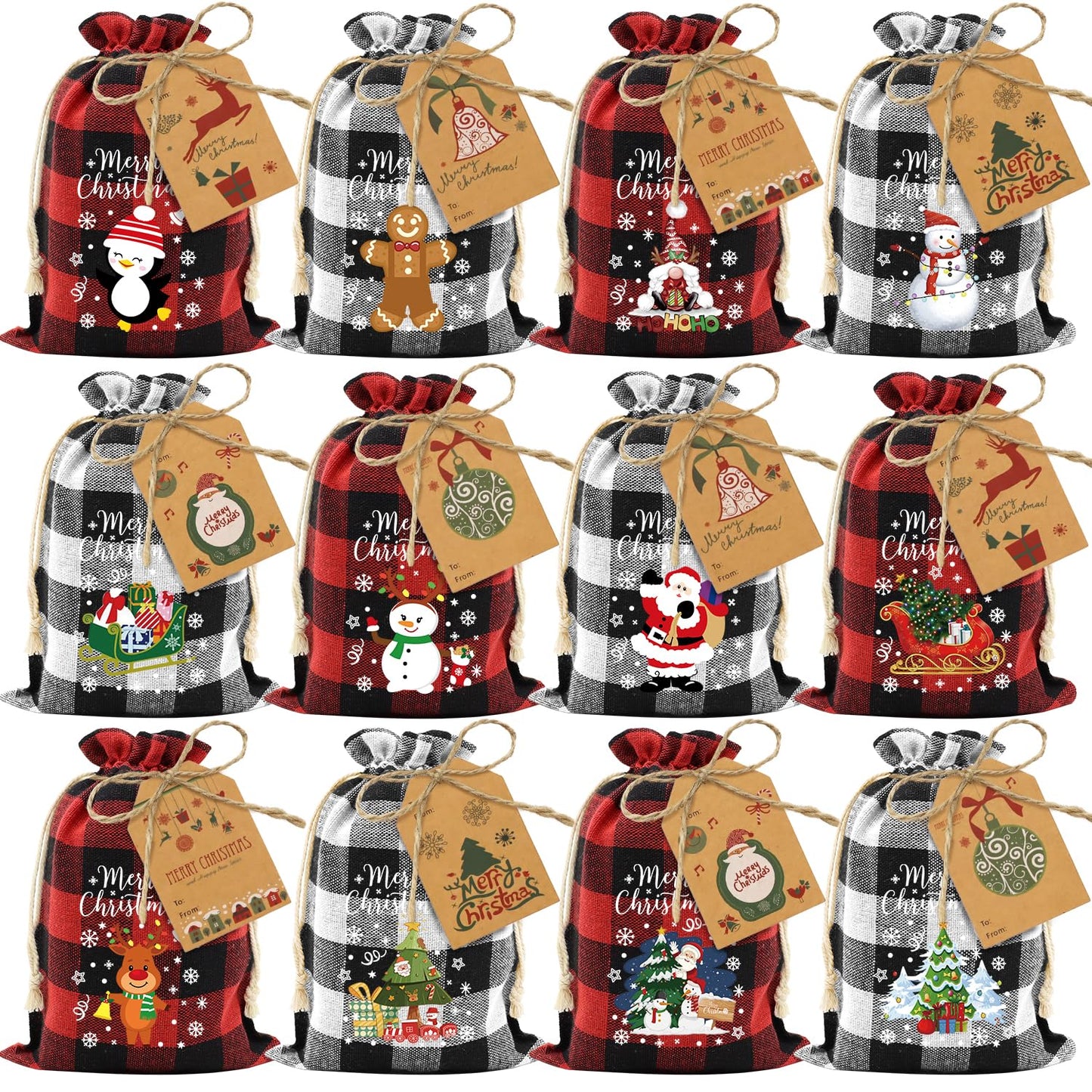 Aviski 72PCS Cotton Medium Christmas Drawstring Candy Treat Bags Buffalo Plaid Xmas Xmas Christmas Fabric Goody Gift Sacks Reusable Gift Wrapping Bags Holiday Party Favors - Red/White