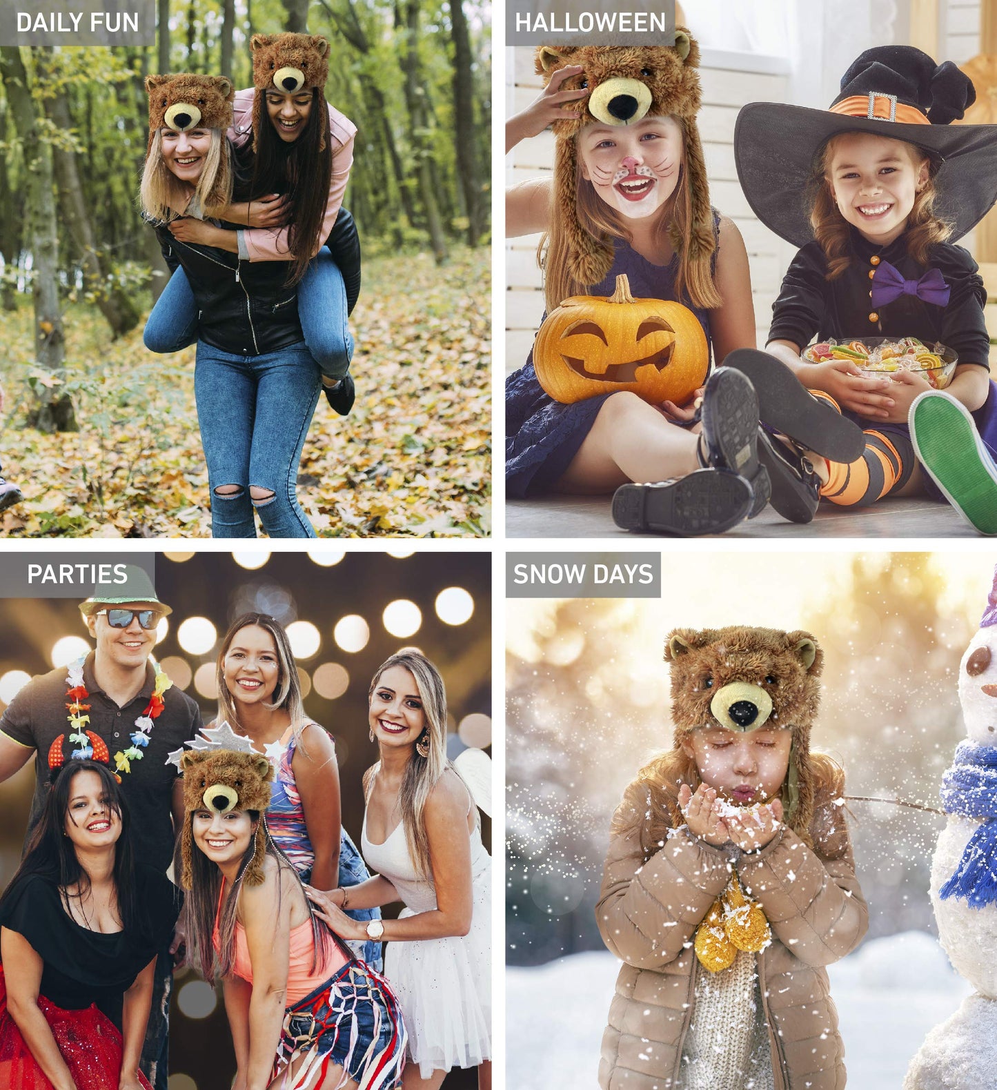 Puzzled Brown Grizzly Bear Hat - Soft Plush Animal Beanie with Ear Flaps, Cozy Fleece, Warm Winter Hat for Kids, Teens, Adults - One Size
