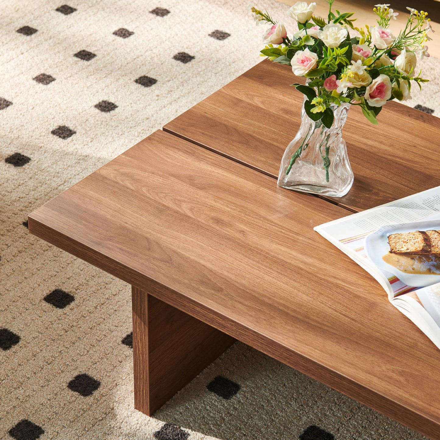 FHKJ Rectangle Coffee Table, 47" Modern Walnut Living Room Table with Wood Grain Surface, Low Profile Center Table, Japanese Tea Table, 2-Leg Design for Small Apartment Sofa, Walnut Brown
