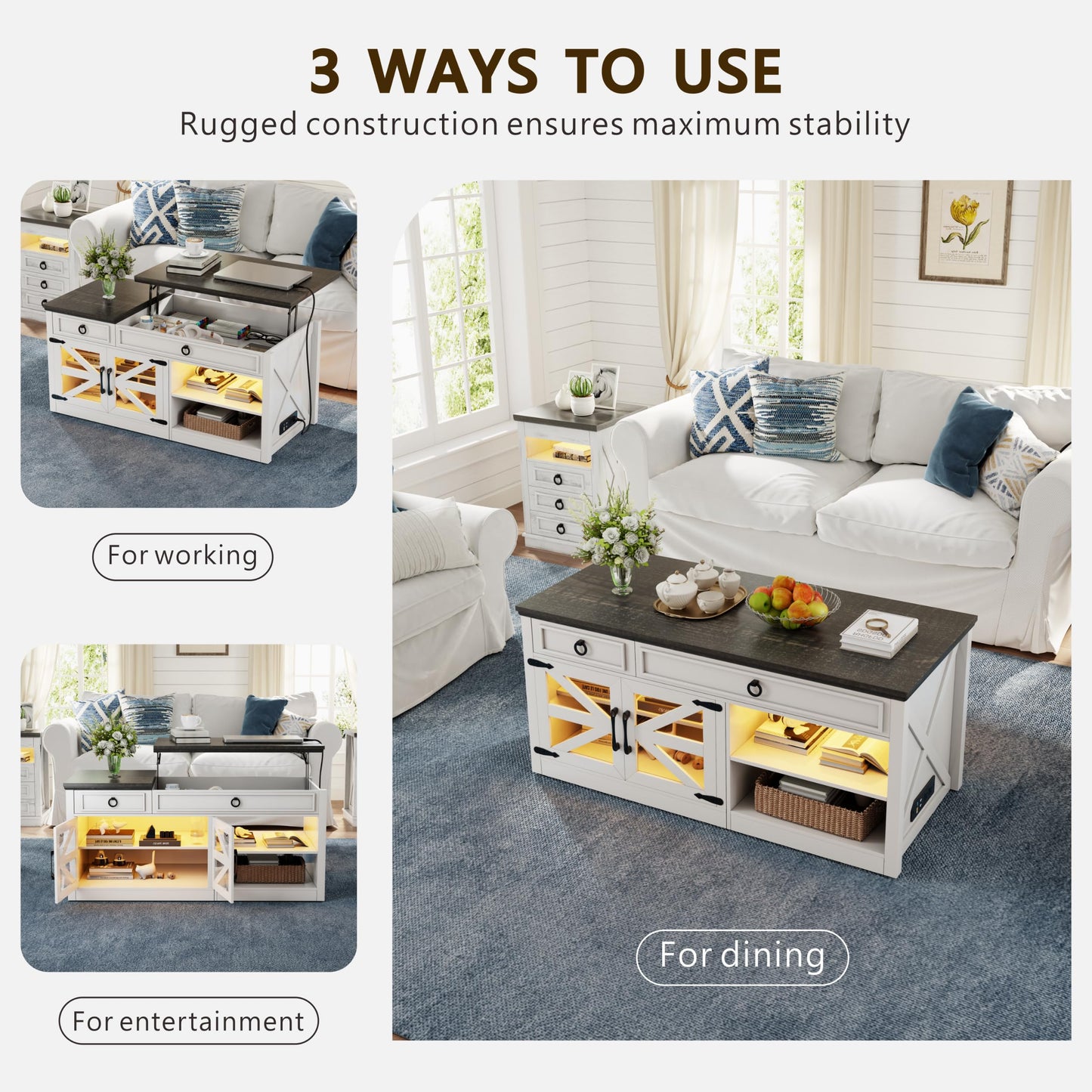 Lvifur 48" Farmhouse Lift Top Coffee Table with LED Lights & Charging Station, Living Room Center Table with 2 Hidden Storage Compartments, Lifting Tabletop and Adjustable Shelf (White)