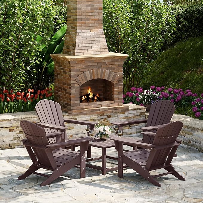 Costaelm Patio Conversation Set, Patio Chairs Set of 5 Balcony Firepit Furniture Outdoor Adirondack Square Table and Chair Backyard Furniture Set for Lawn Porch Pool Garden, Dark Brown