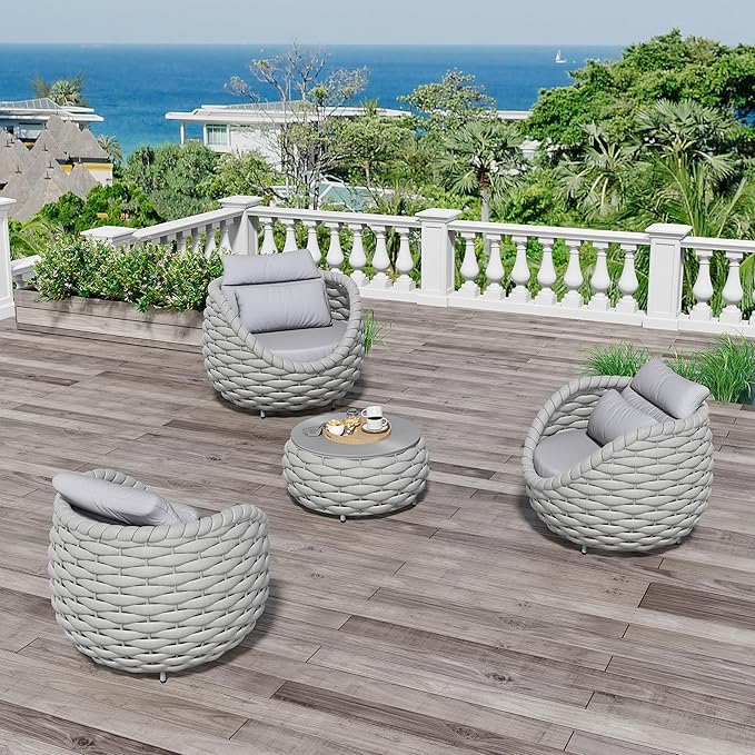 Erotr 4 Pieces Courtyard Seating Set: Aluminum Woven Rope Patio Furniture Chair Set - All Weather Metal Outdoor Conversation Set - Assembled Armchair with Table Set for Bistro Deck Porch Balcony, Grey