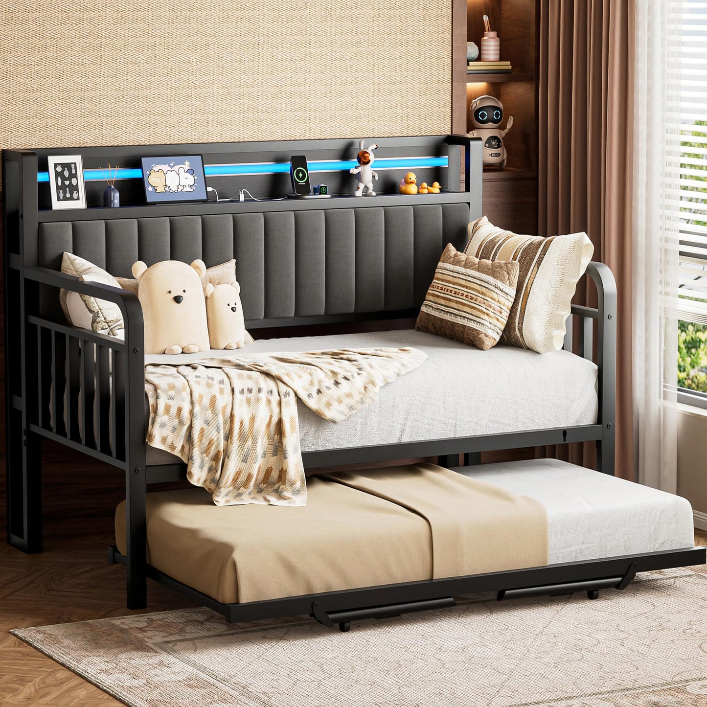 Daybed with Trundle and LED Light, Heavy Duty Metal Twin Bed Frame with Upholstered Storage Headboard & Charging Station, Day Bed Pop Up Trundle Bed Twin for Living Room,Bedroom and Guest Room (Black)