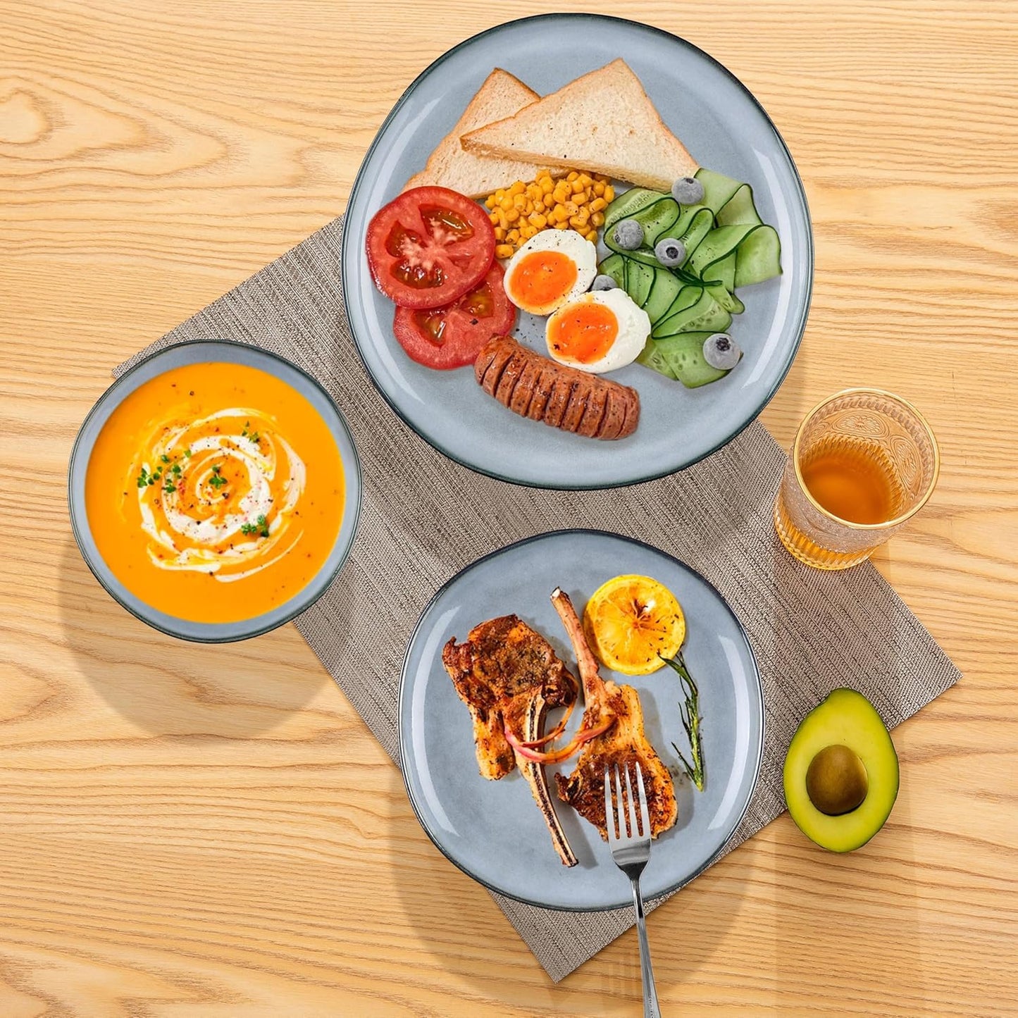 Herogo Stoneware Dinnerware Sets for 6, 18 Piece Ceramic Dinner Dishes Set, Irregular Handmade Plates and Bowls Dishware, Crack and Scratch Resistant, Reactive Glaze, Smoky Blue