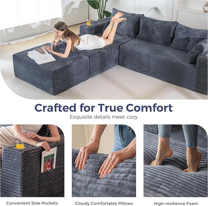 MAXYOYO 104" U-Shaped Modular Sectional Couch, Modern Boneless Couch for Living Room, Sofa in A Box, Oversized Sofa Sleeper with Deep Seat, No Assembly Required, Dark Grey