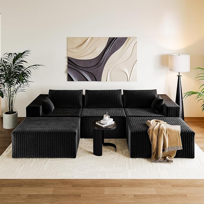 CABZOON 110" Cloud Couch Sectional for Living Room U-Shape Boneless Couches Modular Sectional Sofa with Deep Seat with Chaise,No Assembly Required, Carbon Black(Plush Corduroy Fabric)