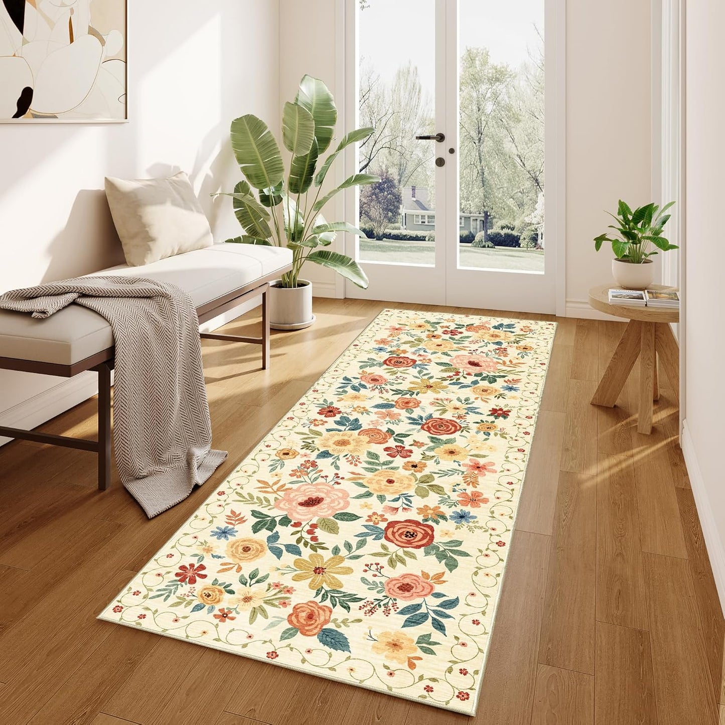 DUKINO Runner Rug, 2.6x8 Kitchen Rug for Hallway with Non Slip Backing, Washable Low Pile Soft Boho Floral Runner Carpet for Hallway, Kitchen, Entryway, Laundry, Bedroom, Beige Yellow
