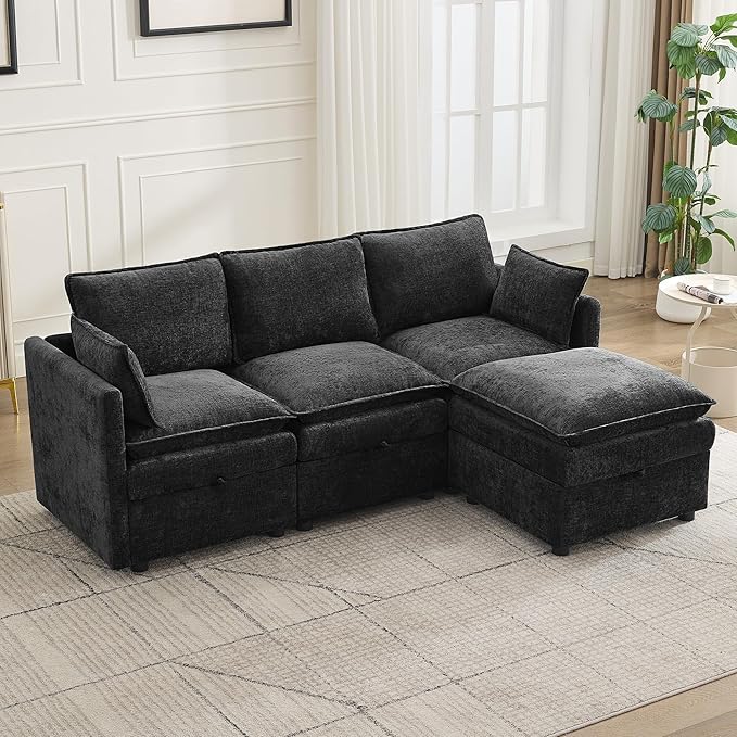 80" Cloud 3 Seater Sectional Modular Couch with Storage Ottoman, Upholstered Storage Sofa Modern Couch Deep Seat, Chenille L Shape Sofa Comfy Couches with Armrests for Living Room, Small Space, Black