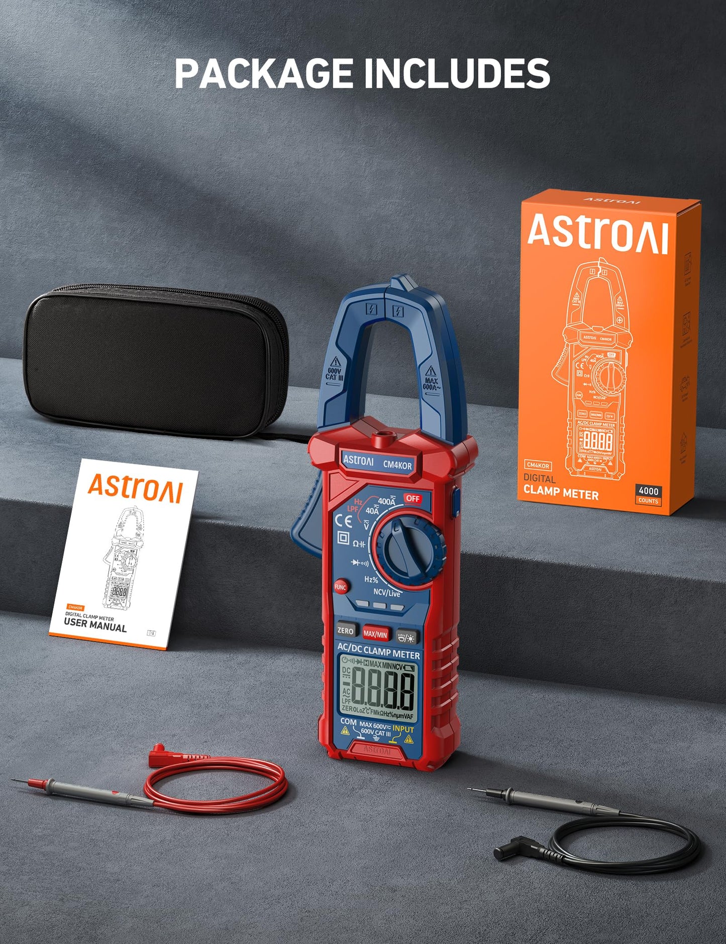 AstroAI Digital Clamp Meter Multimeter 4000 Counts Auto-ranging Amp Tester Measuring AC/DC Voltage & Current, Resistance, Capacitance, Frequency, Continuity, Live Wire Test, NCV Detection, Blue