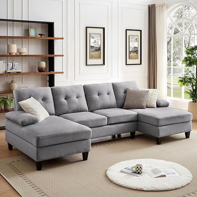 Chireca 111" Sectional Couch for Living Room, Modern Polyester Fibre U Shaped Sofa Couches with Double Chaise, Upholstered 4 Seater Sofa for Living Room, Apartment, Office, Light Grey