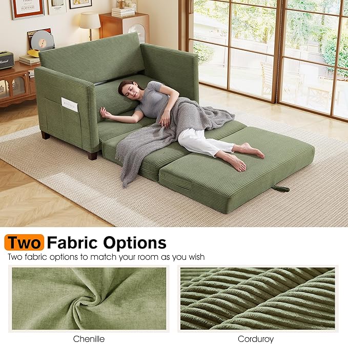 kakuboohi 51" Loveseat Sleeper Sofa Bed, Corduroy Convertible Floor Sofa Bed for Small Spaces, Folding Couch Bed with Deep Seat, 2 Pillows & Solid Frame, Pull Out Floor Couch for Living Room, Green