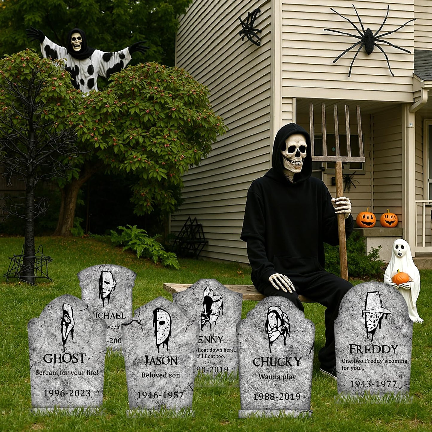 Halloween Decorations Outdoor Graveyard Tombstones: 6ct Large Tombstone Halloween Decor Yard Signs with Stake, 17" Tall Scary Gravestones with Half Killer Face, Waterproof Lawn Decor Outside, Not Foam