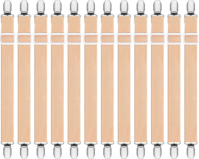 Boao 12 Pcs Bed Sheet Clips Straps Sheet Corner Straps Holder Adjustable Mattress Clips, Elastic Bed Grippers Suspender Fasteners Holder for Home(Khaki,8-12 Inch Length)