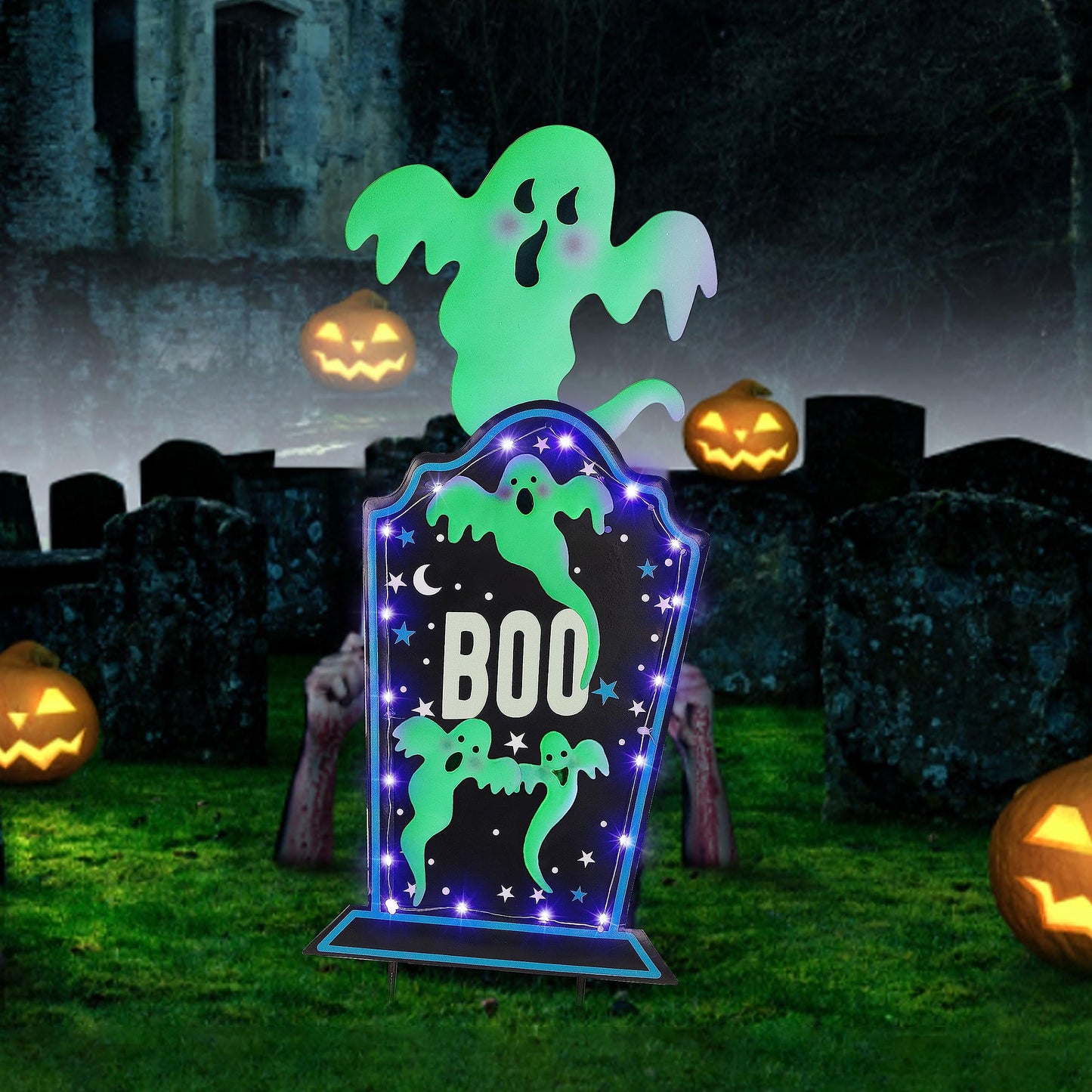 Joliyoou Halloween Yard Stake, 26.4" Solar Lighted Metal Tombstone with Glow in The Dark Ghosts, 18 LED Purple Lights Spooky Yard Sign for Outdoor Front Door Yard Lawn Garden Decors