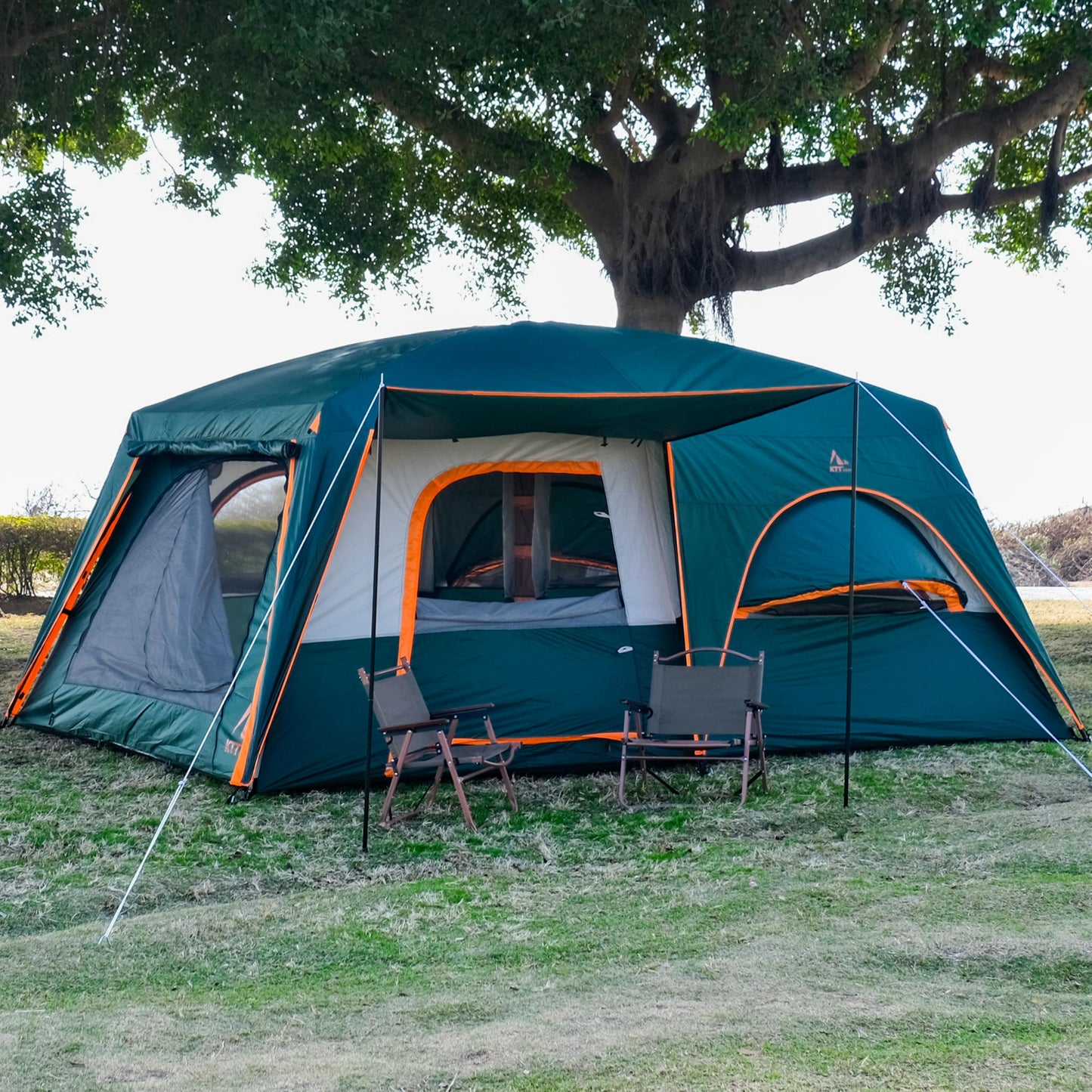 KTT Extra Large Tent 12 Person,Family Cabin Tents,Full Rainfly,2 Bay-Windows,2 Rooms and 3 Doors 3 Windows with Mesh,Waterproof,Straight Wall,Double Layer,Big Tent for Outdoor,Picnic,Camping(Green)