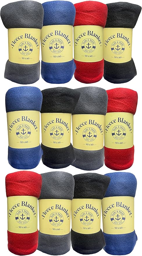 Yacht & Smith 12 Pack of Soft Fleece Blankets 50 X 60, Lightweight, Cozy Warm Throws Dark Colorful Blanket Sofa Travel Out...
