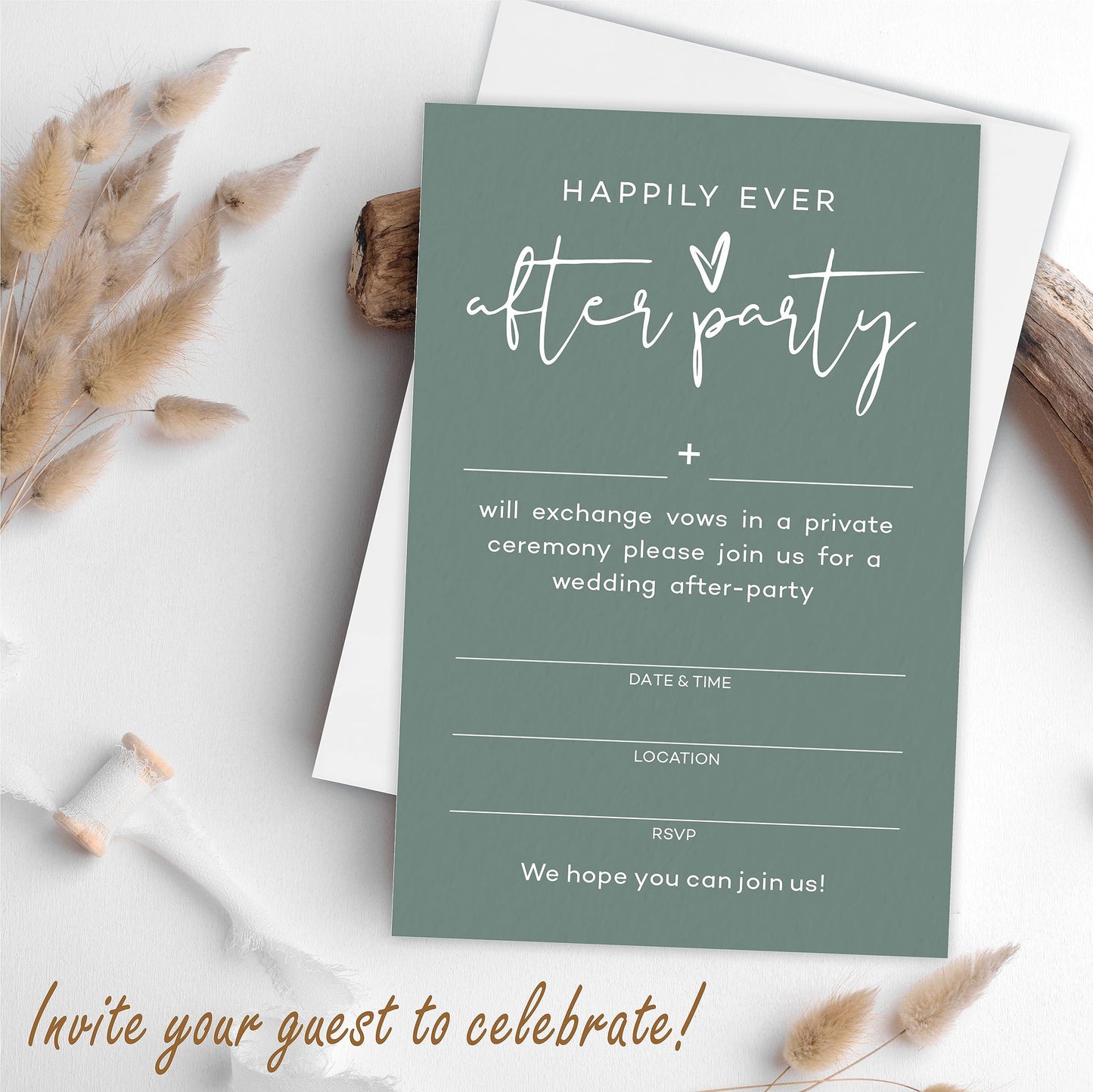 TPYEN Happily Ever After Party Invitations, Minimalist Dark Green Wedding Reception Party Invitation, Celebration for Bride & Groom, Party Favor & Supplies - A03