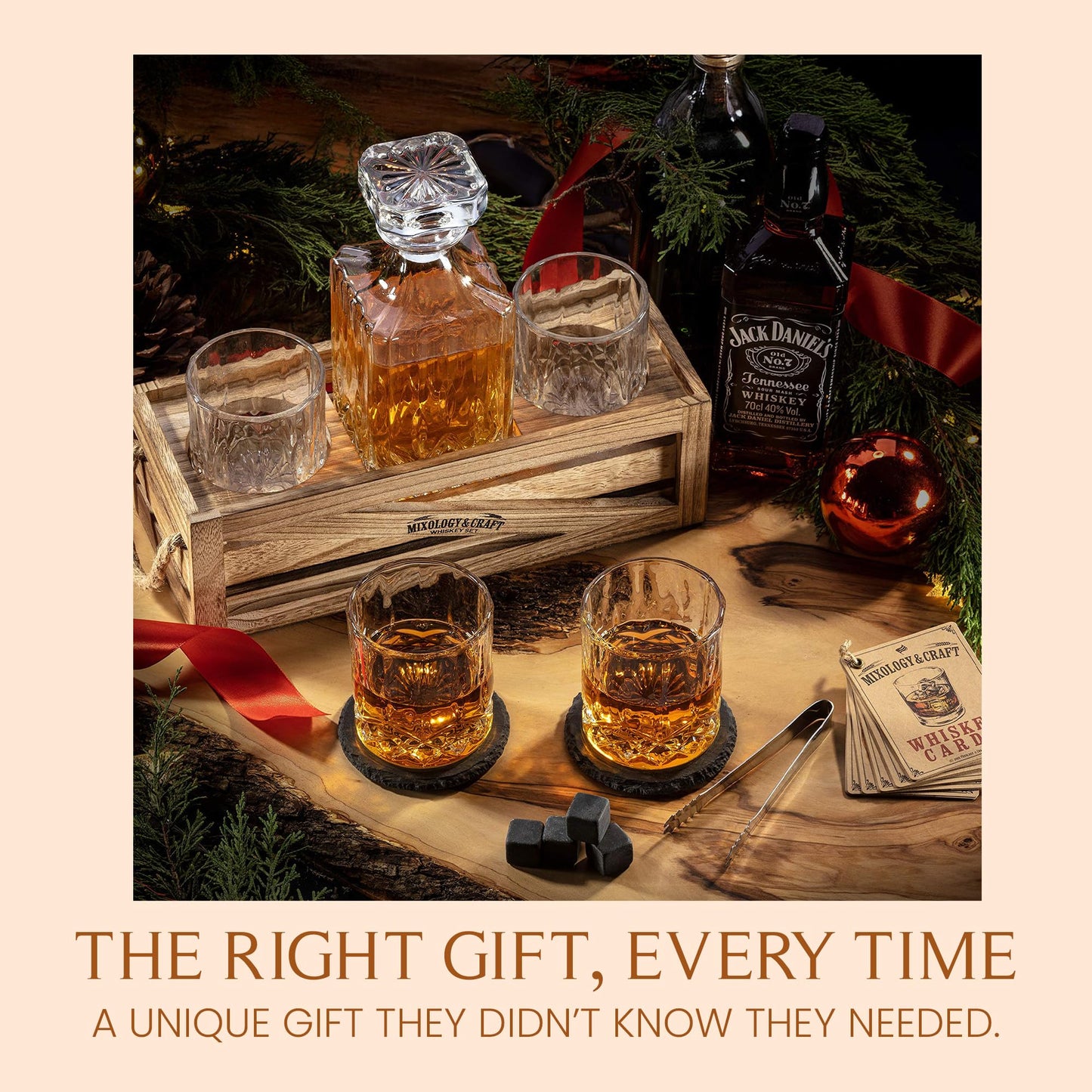 MIXOLOGY & CRAFT Whiskey Decanter Gift Set – 10oz Crystal Whiskey Glasses, Wood Stand & 6 Granite Whiskey Stones – Premium Rocks Glasses Barware Gift for Any Occasion