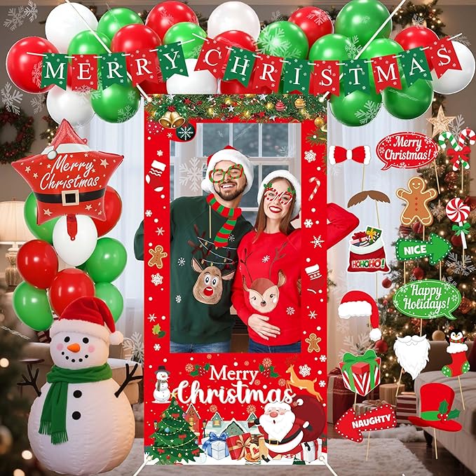 Christmas Party Decorations Set with Photo Booth Frame, Merry Christmas Banner, 35 Balloons, Photo Props