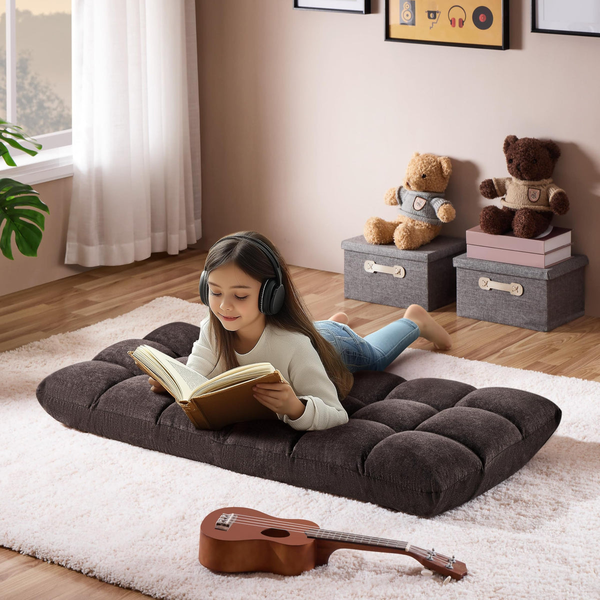 Yaheetech Floor Folding Chair with Back Support, Padded Folding Gaming Sofa Chair with 14 Adjustable Backrest, Adults Couch Recliner, Floor Seating Lounge Chair, Armless Meditation Chair, Brown