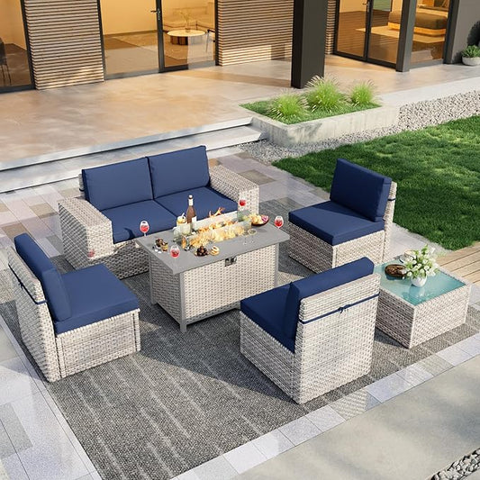 7 Pieces Patio Conversation Set, Rattan Furniture Set with Wide Armrests and Coffee Table, Outdoor Modular Sectional Couch Wicker Sofa with Fire Pit for Garden Backyard Porch Deck (Blue Cushions)