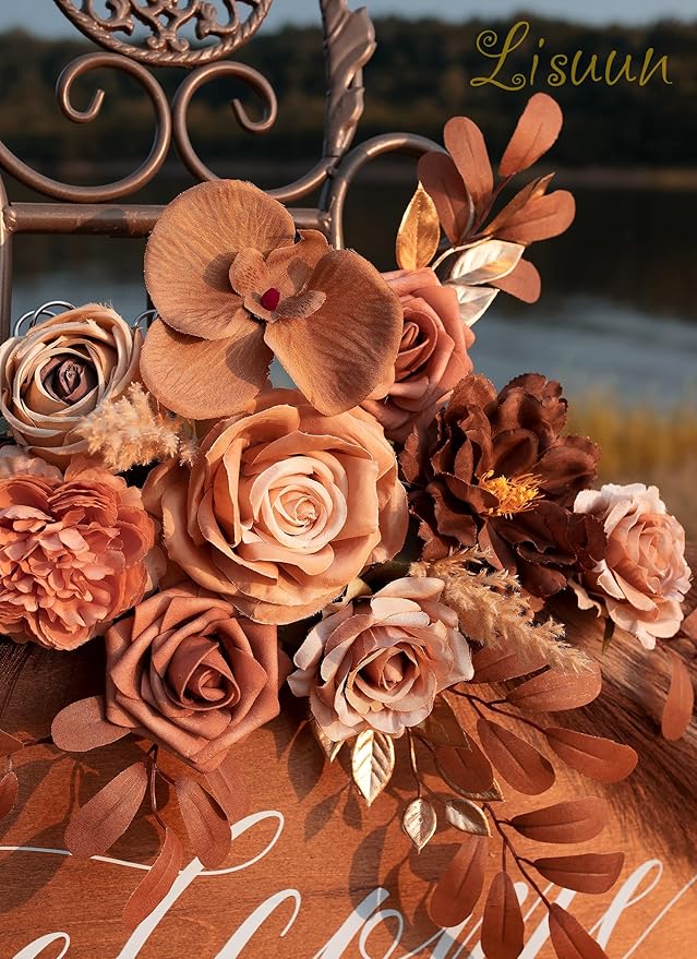 Wedding Arch Flowers, Artificial Floral Decor for Wedding Ceremony & Reception, Standard Size Large Flower Swag Set for Backdrop & Welcome Sign, Pack of 2 (Coffee Pampas)