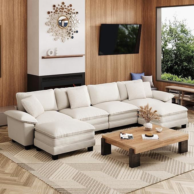 MIXPATIO 157-Inch U Shaped Sectional Sofa with Cloud Cushions, Deep Seat Modular Couch Set w/ 6 Seats & 2 Ottomans, Removable Arms, Plush Chenille Upholstery for Living Room, Apartment - Beige