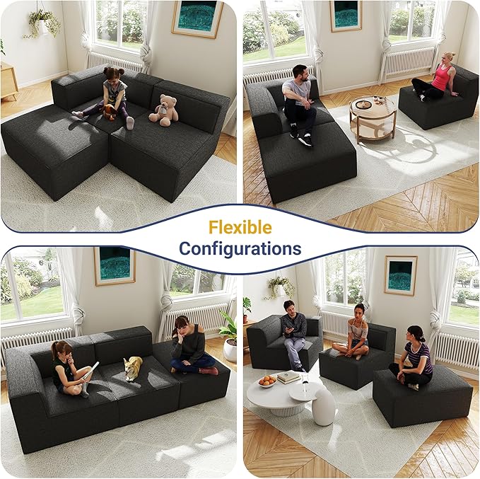 KOBY HOME 106" Sectional Compressed Sofa Modular Couches,High-Density Foam No Assembly Required,3-Piece(1xCorner 1xArmless 1xOttoman) for Living Room, Chenille Dark Gery