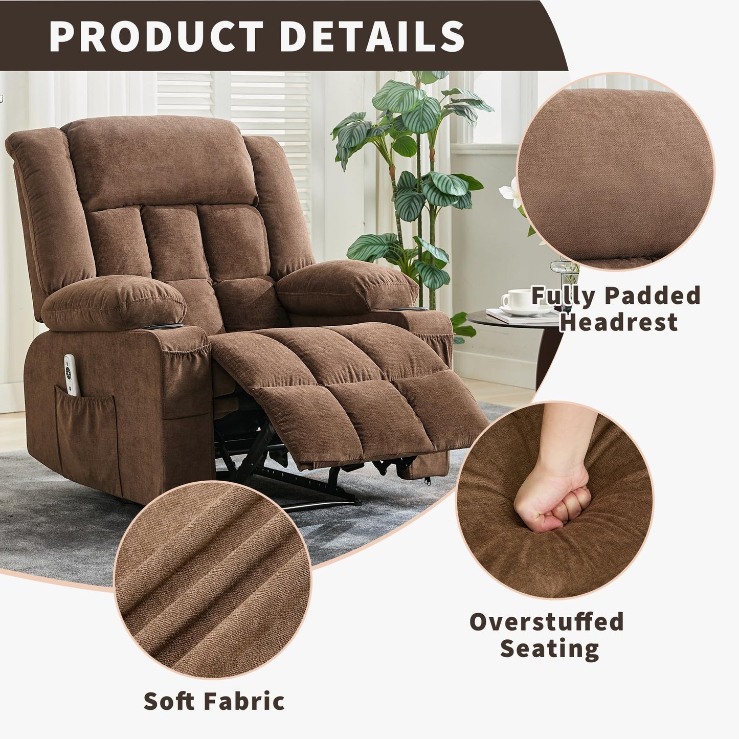 Oversized Manual Rocker Recliner Chair with 360° Swivel – Heat & Massage, Remote Control, Cup Holders, Side Pockets, USB Charging – Large Comfortable Living Room Lounge, Brown, Perch Depth 57CM