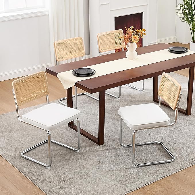 Zesthouse Natural Rattan Dining Chairs Set of 4, Modern Dining Room Chairs with Solid Wood Back for Kitchen Living Room, Mid Century Breuer Design Inspired, Upholstered Velvet Fabric, White
