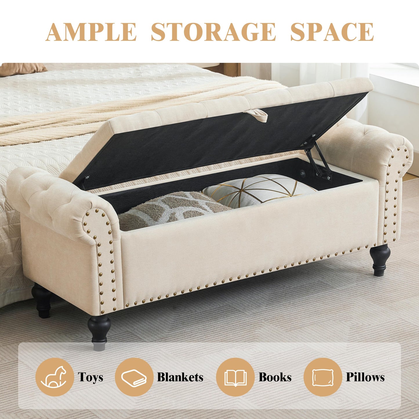 Howjoe 51" Bedroom Storage Bench, End of Bed Bench, Chenille Upholstered Benches, Ottoman with Storage, Window Benches with Rolled Arm and Nailhead Trim for Living Room, Entryway, Beige